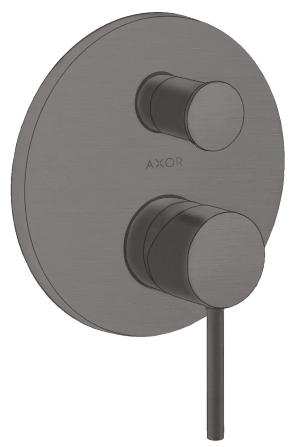 Zwei runde Steuerknöpfe auf einer runden Wandplatte in gebürstetem Schwarz, mit „AXOR“-Logo, für die Steuerung von Wasseranwendungen.